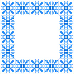 Blue ethnic floral square frame. Shades of blue flowers on white background. Folklore plant background. Painted ceramic tiles. Square mosaic tile ornament for wallpaper, textile, web design, etc.