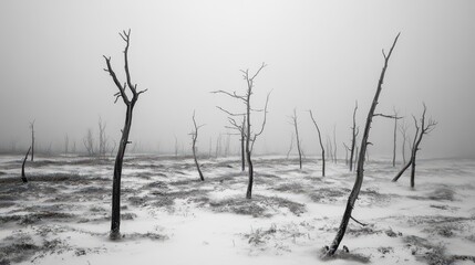 A stark landscape with many dead trees in the snow