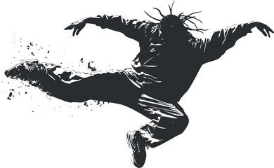 Dynamic silhouette of a dancer jumping with energetic motion for urban themes.
