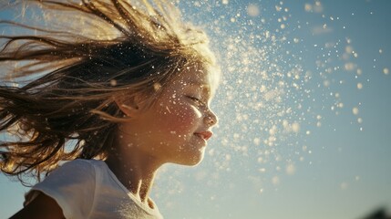 Obraz premium A child enjoys the summer sun, hair wild and surrounded by a spray of shimmering sand, capturing pure joy and freedom in a playful moment.