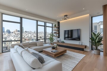 Modern apartment living room with large windows overlooking San Francisco, light gray sofa, wood flooring, TV, wooden console, and mid-century chandelier.