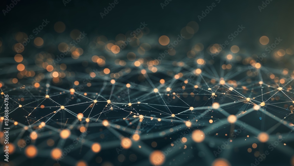 Poster intricate network of glowing nodes and lines illustrating digital connectivity and data flow in a mo