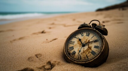 A vintage clock half-buried in sand evokes a timeless oceanic scene, blending nostalgia and the passage of time.