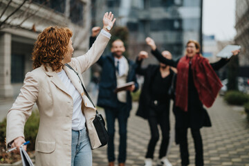 A group of cheerful people waving and expressing joy outdoors on a city street, suggesting community, spontaneity, and shared happiness.