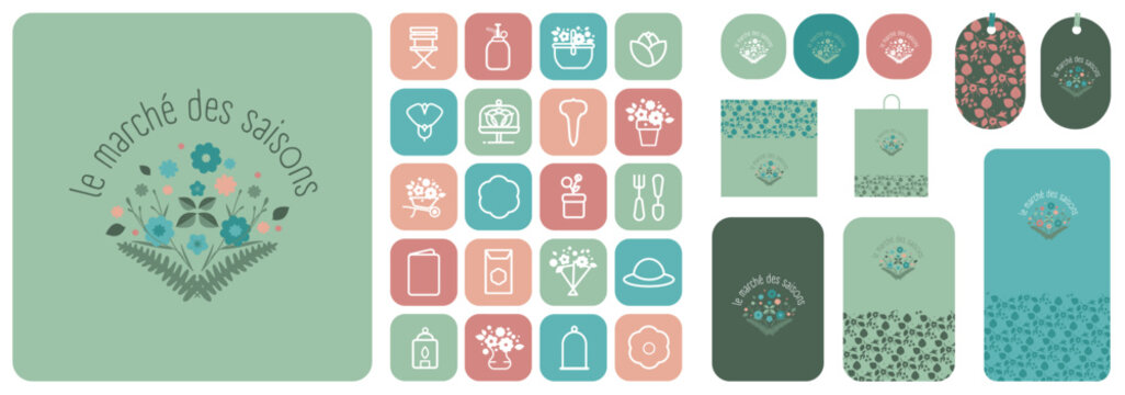 Charte graphique pour boutique de fleurs et fleuriste, cr&eacute;ateur floral, herboriste, floriculteur ou floraliste. Mod&egrave;les vectoriels modifiables et ajustables pour une personnalisation compl&egrave;te