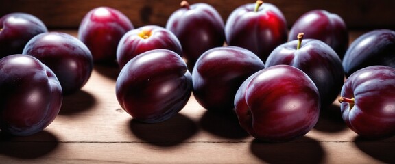 Fresh purple plum fruits on dark wooden table.