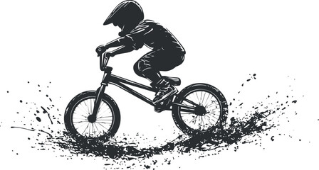 Obraz premium Dynamic silhouette of a child biking with splashes, ideal for sports-themed designs.