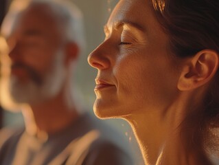 Yoga training by a group of yoga teams train their breathing by doing yoga exercises indoors, eyes closed and focused on training concentration and breathing stability.