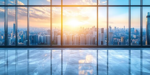 Fototapeta premium Vibrant Cityscape Sunrise Modern Office Interior with Panoramic Windows and Stunning City Views