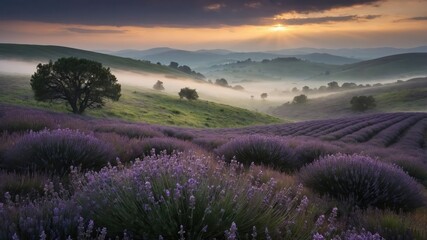 Obraz premium Serene lavender fields under a misty sunrise, showcasing nature's beauty and tranquility.