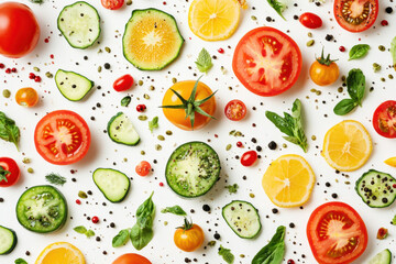 Vibrant fruits and veggies on a white background