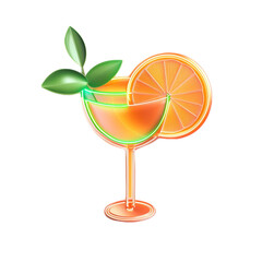 Bright neon cocktail glass with orange slice and leaves illustration