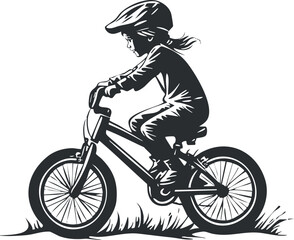 Obraz premium Silhouette of a child riding a bicycle with a helmet for outdoor safety illustration.