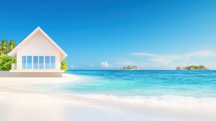 Fototapeta premium Coastal Dream Home: A picturesque beach house, with a clean, minimalist design, enjoys a prime location by the serene ocean. The crystal clear water reflects the azure sky above.