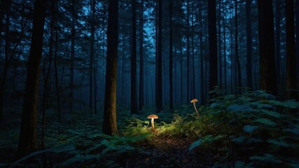 Fototapeta premium A serene forest scene illuminated by glowing mushrooms amidst tall trees in a misty atmosphere.