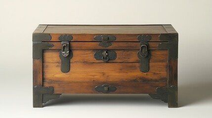 A Ming-style wooden storage chest with metal reinforcements and a lock