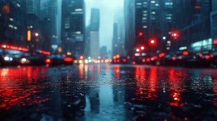 Obraz premium Rain-soaked city street at night with glowing lights