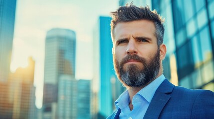 Fototapeta premium Man of Ambition: A determined businessman in a sharp suit stands amidst a vibrant cityscape. His gaze reflects resolve and an entrepreneurial spirit against a backdrop of modern architecture.