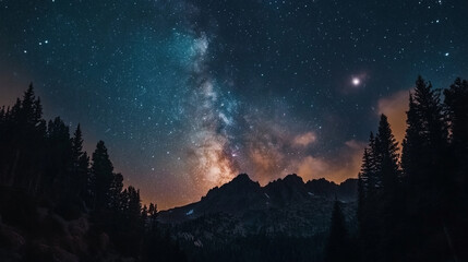 Fototapeta premium A night sky with the milky way over dark mountains and trees in a scenic landscape view outdoors
