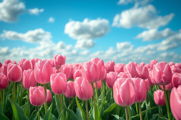 ピンクチューリップが並ぶ爽やかな春空