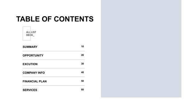 Table of Contents Business Presentation Outline