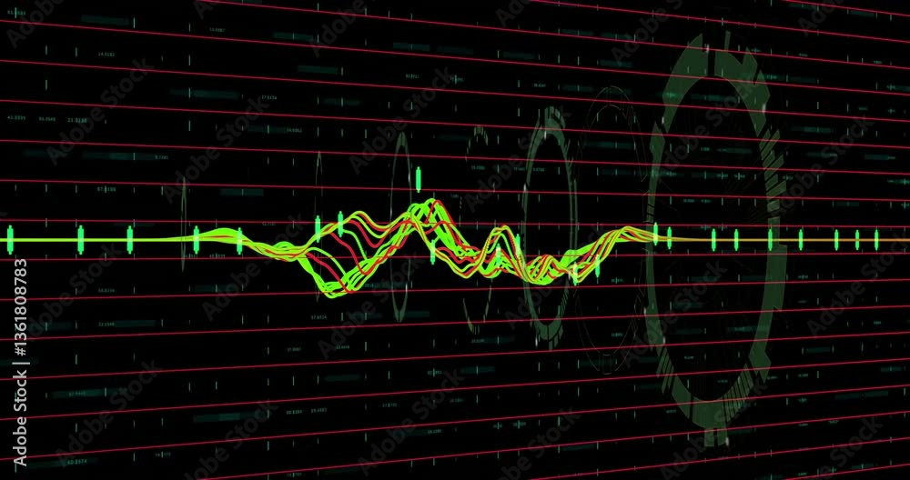 Poster animation of colorful data visualization with fluctuating lines over digital grid
