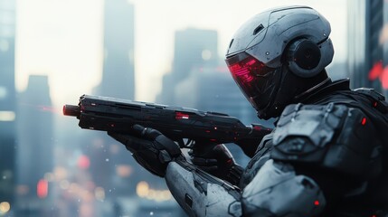 Fototapeta premium A futuristic soldier aiming a weapon in a city environment