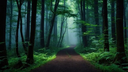 Obraz premium A serene forest path shrouded in mist, inviting exploration and tranquility.