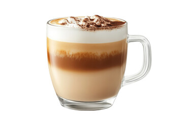 A Layered Coffee Drink, A Tempting Treat Of Creamy Foam, Rich Espresso, And Subtle Milk, Presented In A Clear Glass Mug Against A Bright Background Isolated on Transparent Background