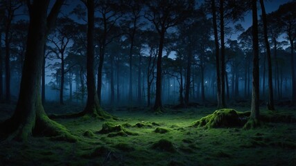 Obraz premium A serene, misty forest at night with soft light illuminating the ground.