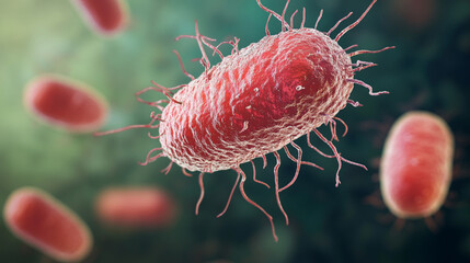 Obraz premium A close-up view of a bacterium with a textured surface and hair-like structures, showcasing its cellular details in a vibrant, colorful background.