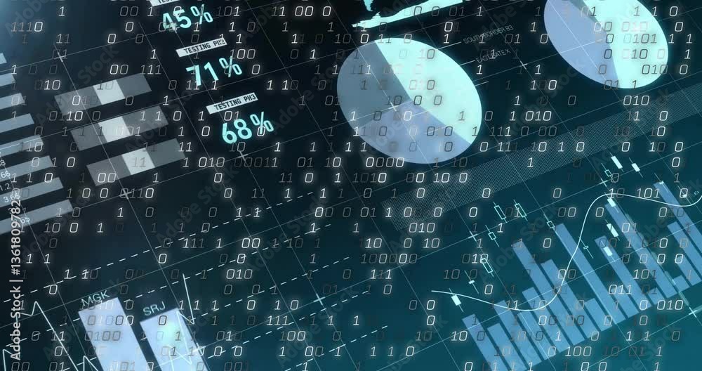 Poster animation of binary code and data analytics overlaying charts and graphs in school