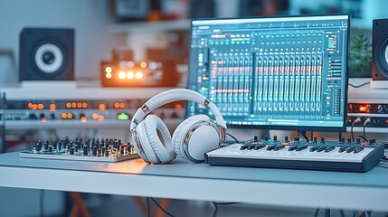 Music Production Studio Setup with Headphones and Keyboard
