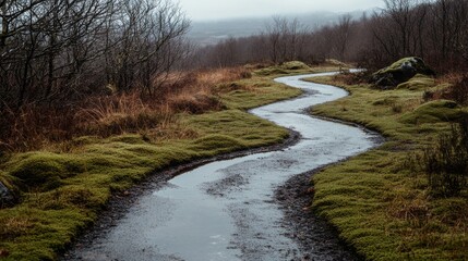 Fototapeta premium A winding path of rainwater snakes through the mossy terrain, leading into a misty horizon, painting a serene landscape of muted tones and tranquil beauty.