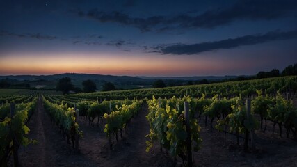 Naklejka premium A serene vineyard at dusk, showcasing rows of grapevines under a colorful twilight sky.