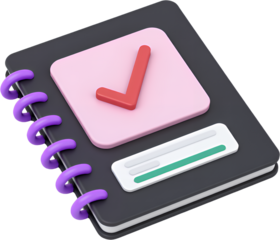 Notebook with Red Checkmark, Progress Bar and Purple Binding Rings, transparent background