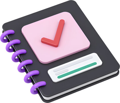 Notebook with Red Checkmark, Progress Bar and Purple Binding Rings, transparent background