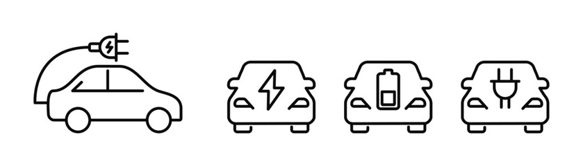 Electric car icon set. Electro car with plug and charge. Vector