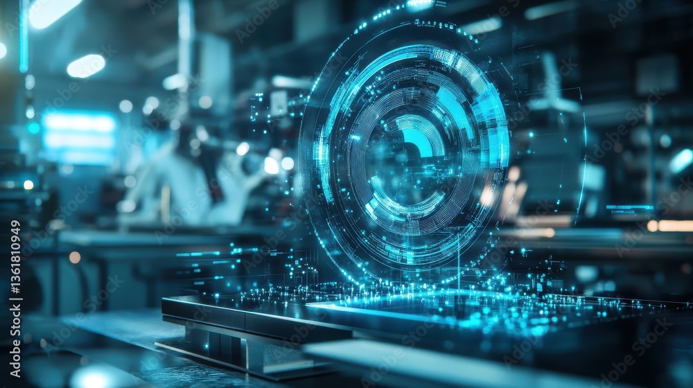 Poster futuristic digital interface displays data and information in a factory setting