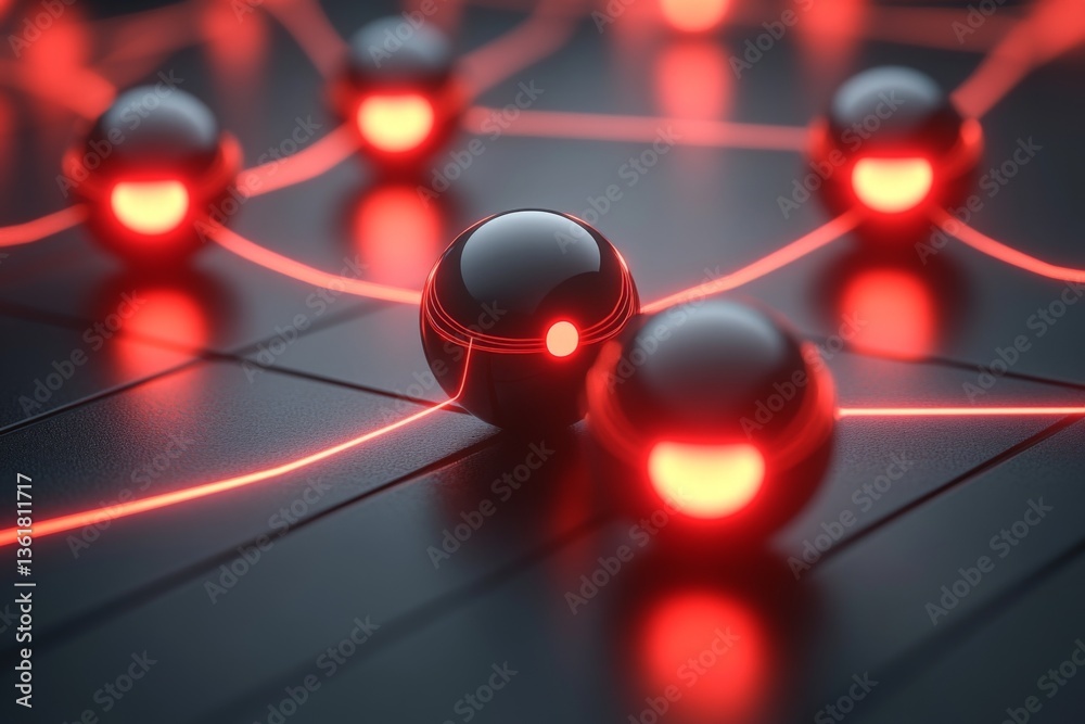 Poster Abstract design featuring luminous red lines connecting reflective spheres on a dark surface during a digital art creation