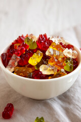 Colorful Gummy Bears in a Bowl, side view. Close-up.