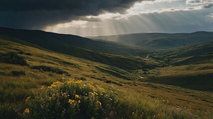Obraz premium A serene landscape with rolling hills, wildflowers, and dramatic clouds, capturing nature's beauty.