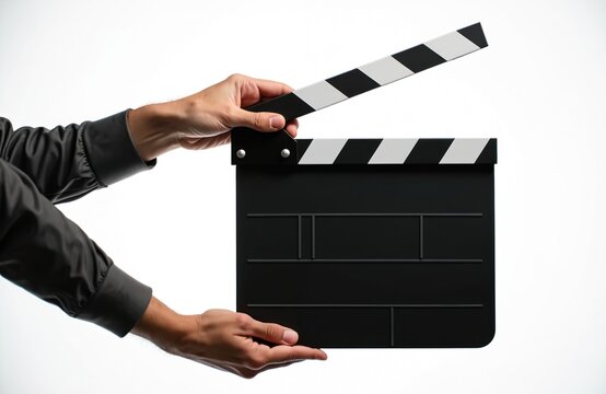 Male hands hold clapperboard against white background. Film production, movie making concept. Action. Director, cameraman on film set. Filmmaking, entertainment industry.