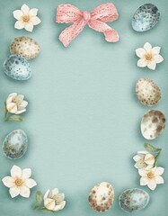 Easter background with quail egg and flower in vintage style. Hand drawn watercolor design with pink bow. Vertical blue frame with copy space. Perfect for greeting card and holiday template.