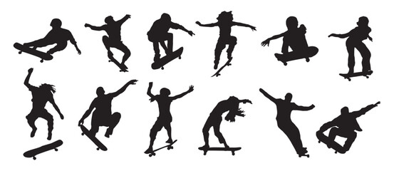 Silhouettes of modern skaters jumping with skateboards set. Young people skate boarding. Modern street activity. Black Flat vector illustration of active teenagers isolated on transparent background
