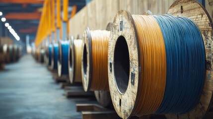 Large industrial spools in a warehouse hold thick cables of varying colors, representing technology, infrastructure, and industrial strength.