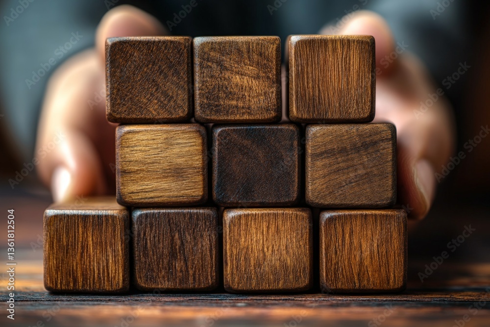 Poster Hands arrange wooden blocks in a structured pattern on a rustic wooden table during afternoon light