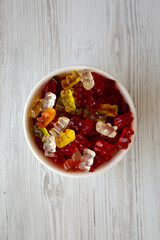 Colorful Gummy Bears in a Bowl, top view. Flat lay, overhead, from above.