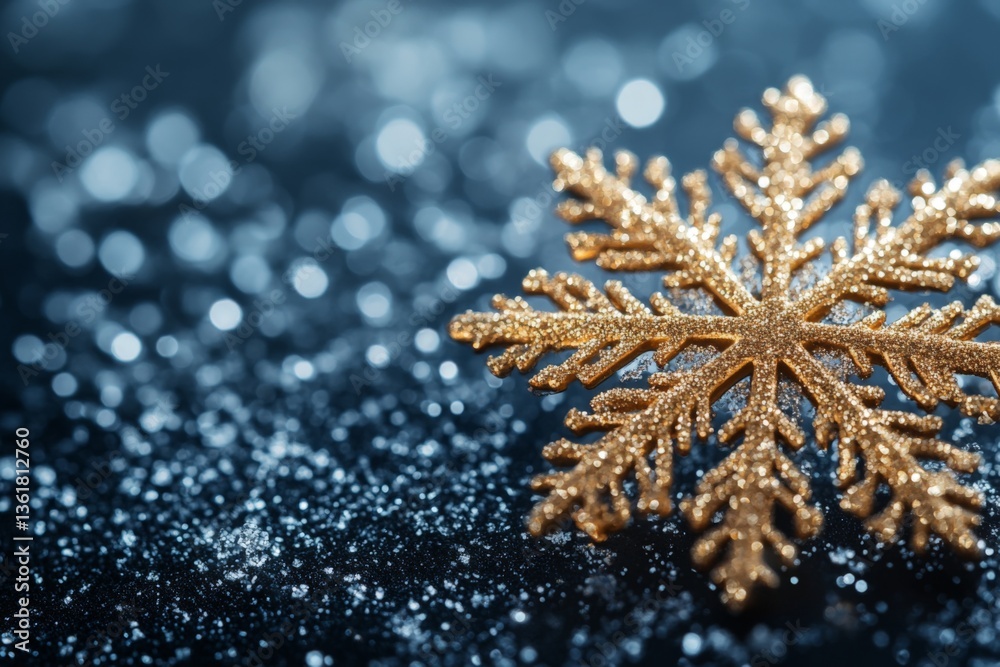 Poster golden snowflake rests on dark glittering surface, capturing the essence of winter festivities and c