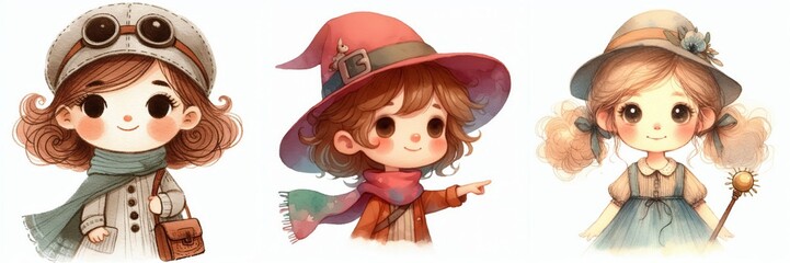 Enchanting trio of stylized little girls in whimsical outfits, digital art